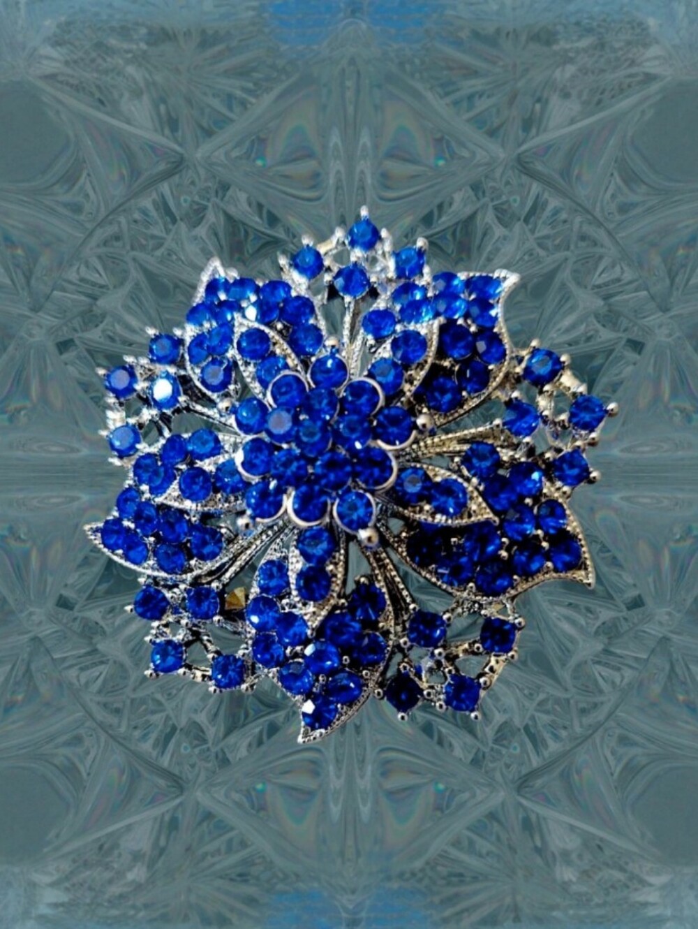 Elegant Blue Rhinestone Floral Brooch